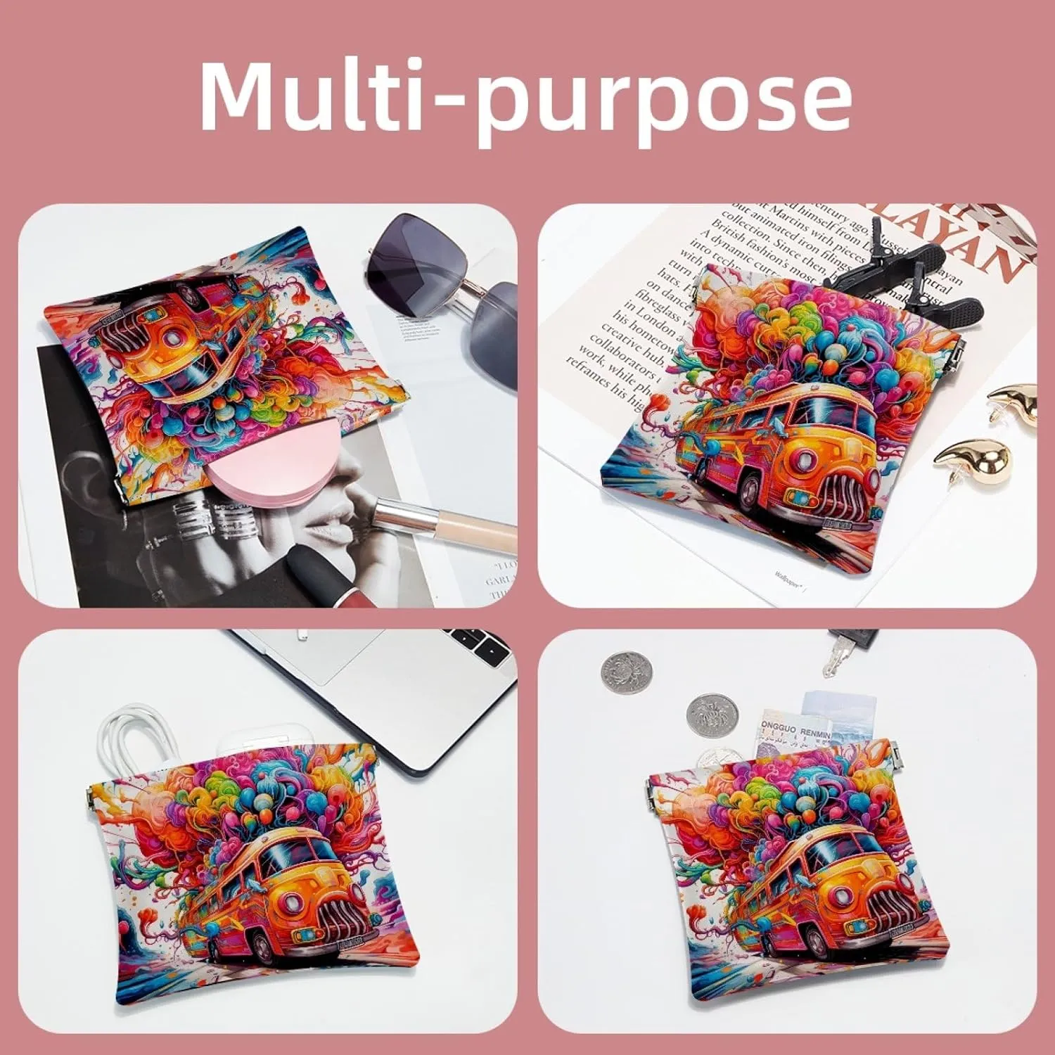 2 PCS Funny Cosmetic Shrapnel Bag Waterproof Makeup Toiletry Bags Pouch Vegan Leather Flat Mini Essentials Aesthetic Women Kit Fashion Travel Haves Cosmetology Vacation Mind Bus