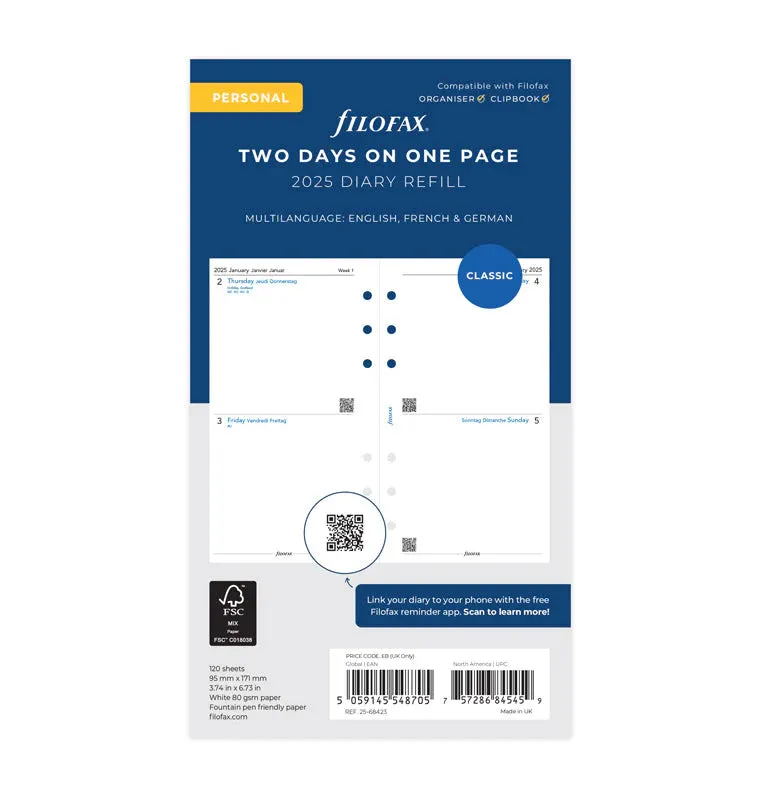 2025 Filofax Refill - 2 Days Per Page, 3 Languages