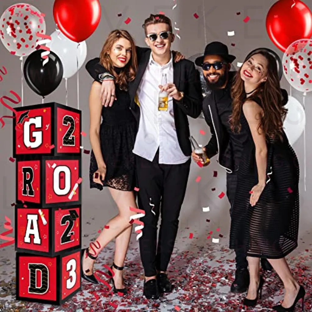 63 Pieces Graduation Box Decorations 2023 Balloon Boxes Set, Congrats Grad Block Boxes Decor with Point Dot for Class of 2023 School Party Supplies Celebration, 11.8 x 11.8 x 11.8 Inch (Red)