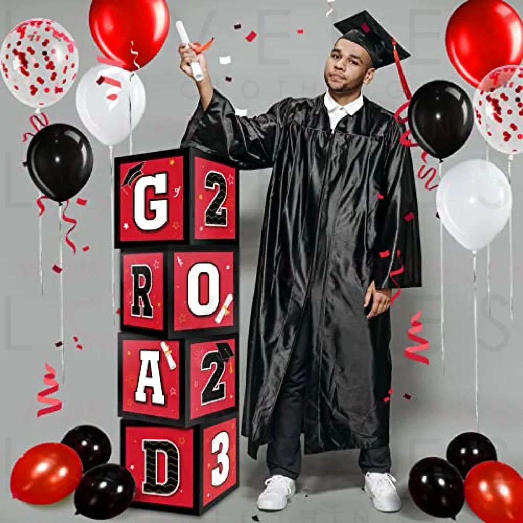 63 Pieces Graduation Box Decorations 2023 Balloon Boxes Set, Congrats Grad Block Boxes Decor with Point Dot for Class of 2023 School Party Supplies Celebration, 11.8 x 11.8 x 11.8 Inch (Red)