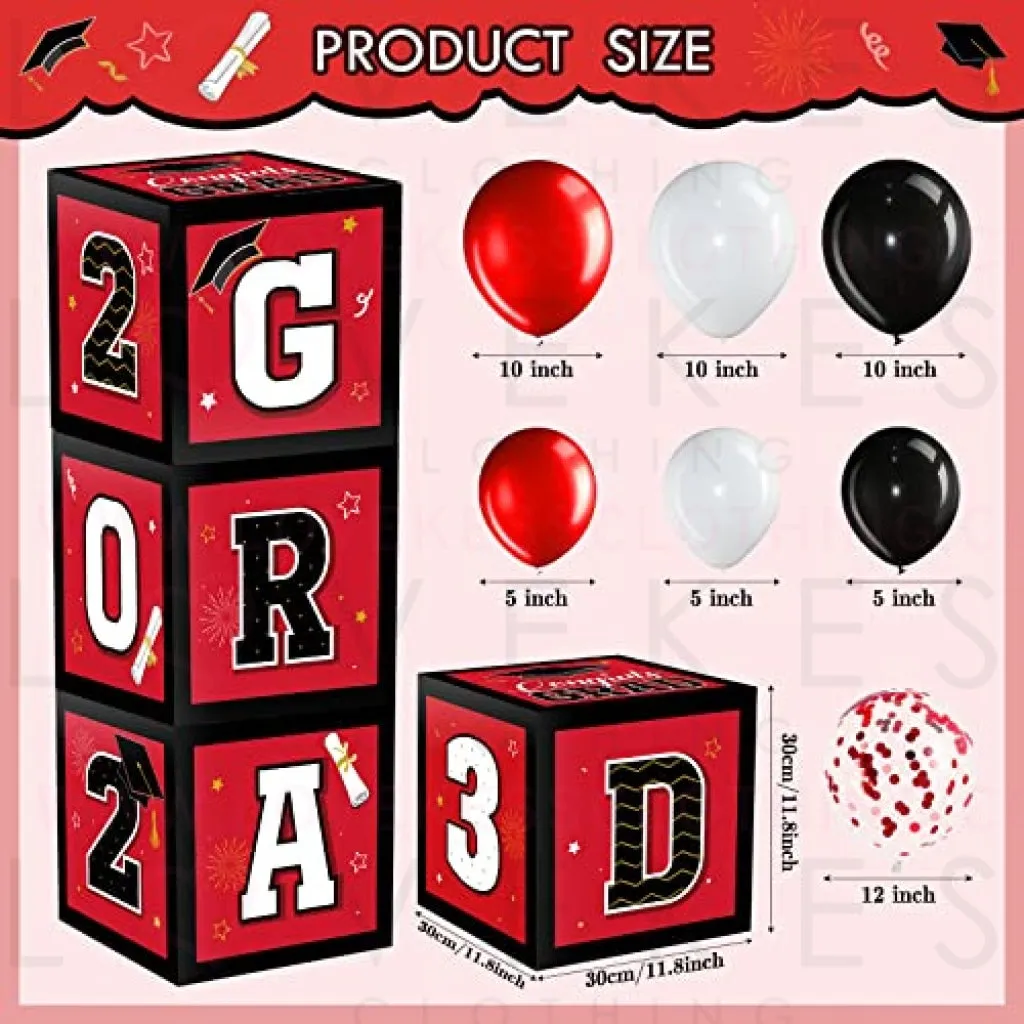 63 Pieces Graduation Box Decorations 2023 Balloon Boxes Set, Congrats Grad Block Boxes Decor with Point Dot for Class of 2023 School Party Supplies Celebration, 11.8 x 11.8 x 11.8 Inch (Red)