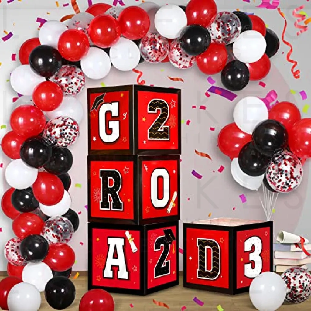 63 Pieces Graduation Box Decorations 2023 Balloon Boxes Set, Congrats Grad Block Boxes Decor with Point Dot for Class of 2023 School Party Supplies Celebration, 11.8 x 11.8 x 11.8 Inch (Red)