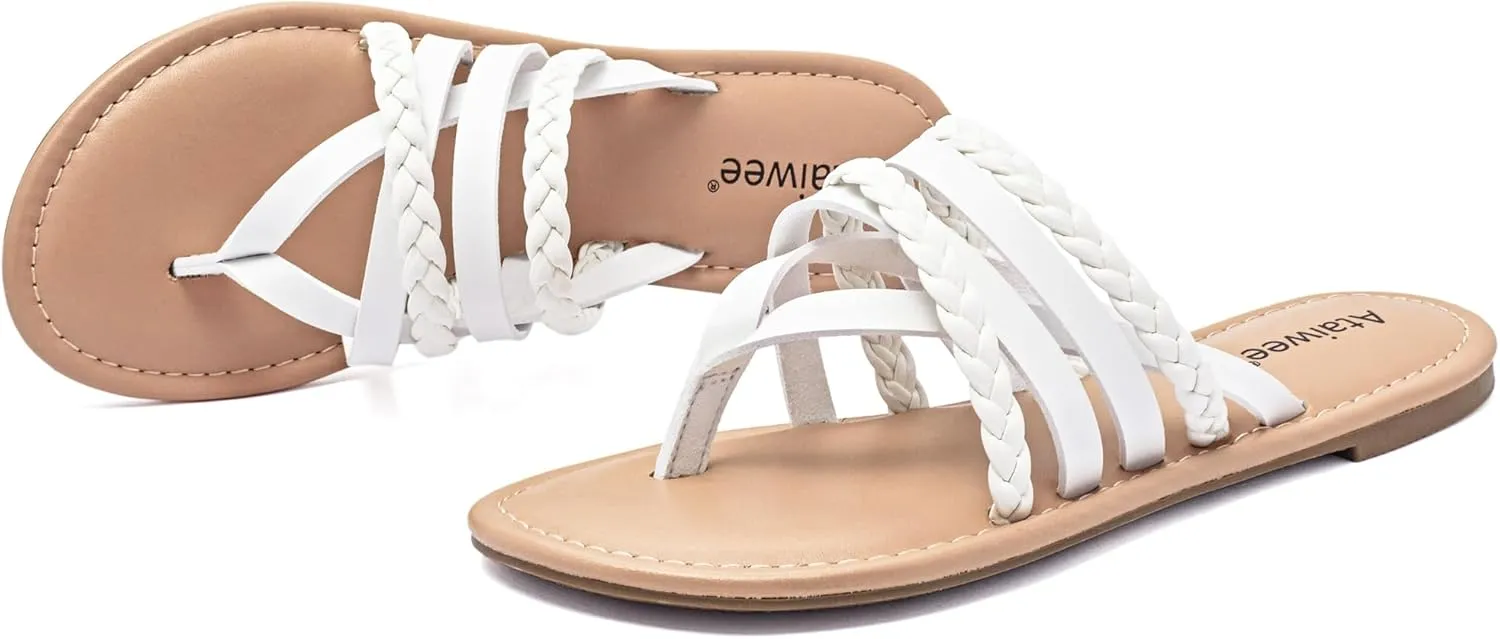 Ataiwee Women's Slide Flat Sandals - Comfortable Slip On Plait Toe Thong Strappy Spring Summer Shoes.