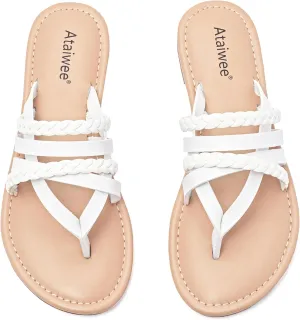 Ataiwee Women's Slide Flat Sandals - Comfortable Slip On Plait Toe Thong Strappy Spring Summer Shoes.