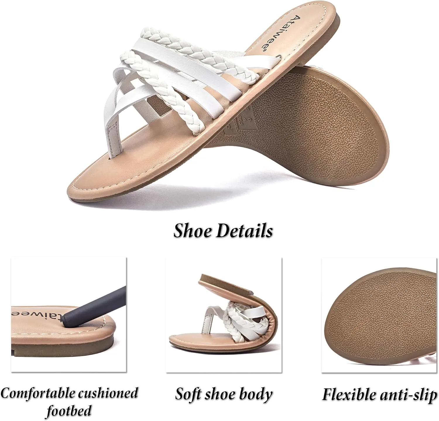 Ataiwee Women's Slide Flat Sandals - Comfortable Slip On Plait Toe Thong Strappy Spring Summer Shoes.