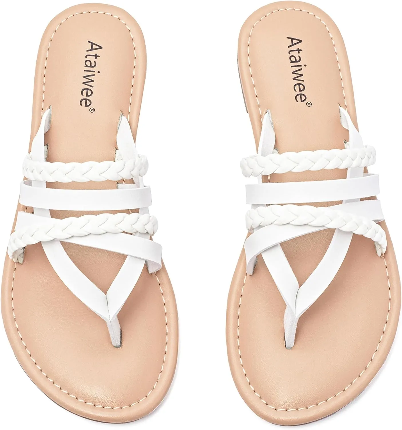 Ataiwee Women's Slide Flat Sandals - Comfortable Slip On Plait Toe Thong Strappy Spring Summer Shoes.