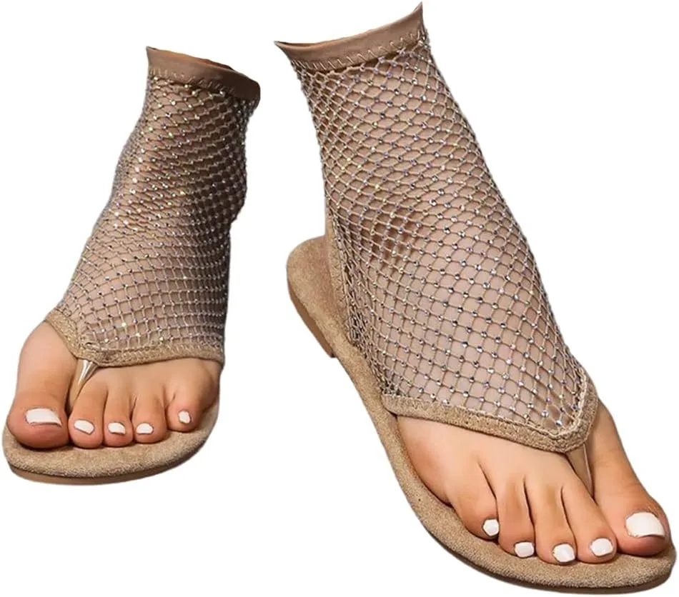 Ballet Flat Ballerina Shoes, Shiny Rhinestone Mesh Flats, Bling Fishnet Stockings Hollow Flat Crystal Shoes