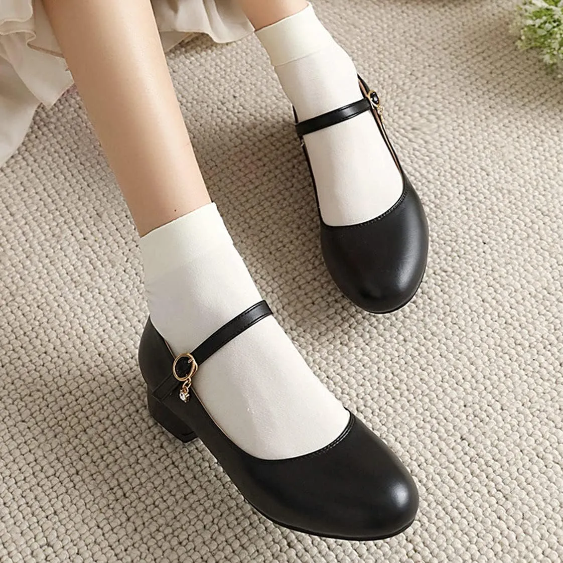 BEAUPAS Women's Round Toe Mary Jane Ballet Flats Ankle Strap Pumps Buckle Cute Shoes