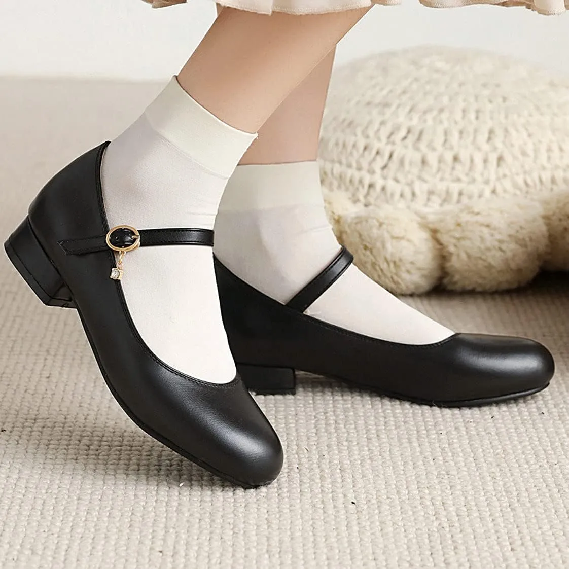 BEAUPAS Women's Round Toe Mary Jane Ballet Flats Ankle Strap Pumps Buckle Cute Shoes