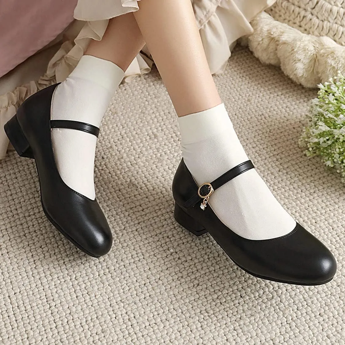 BEAUPAS Women's Round Toe Mary Jane Ballet Flats Ankle Strap Pumps Buckle Cute Shoes