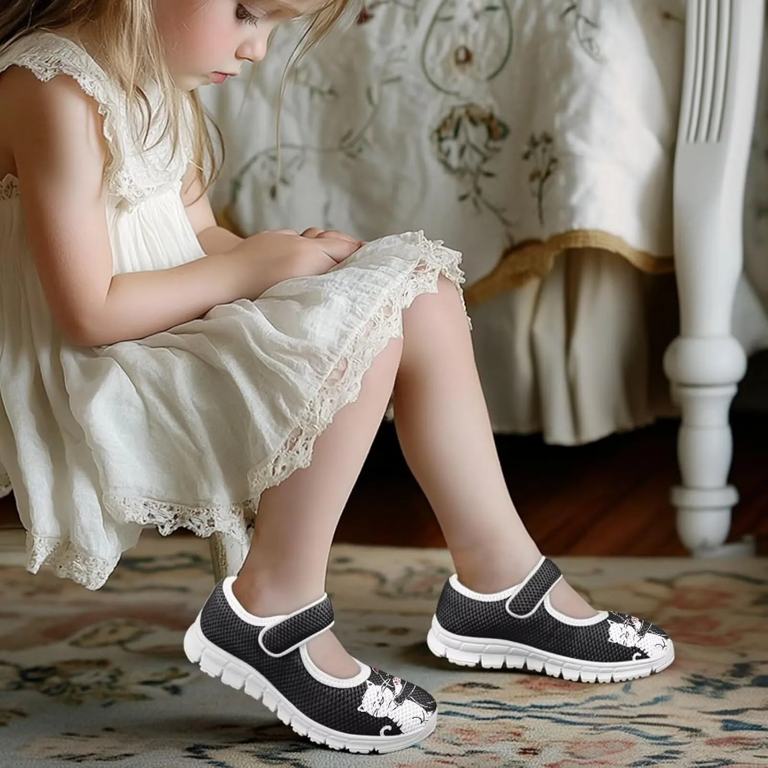 Cat Print Mary Jane Shoes for Little Girls Wedding Dress Shoe Ballet Princess Flats with Strap