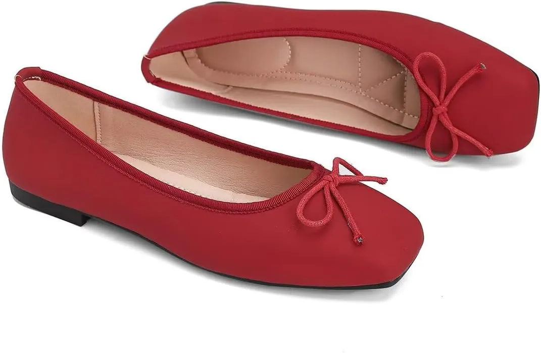 ChaiRong Zhou Women Square Toe Pu Leather Ballet Flats with Cute Bowknot Elegant Slip on Soft Support Daily Dress Office Driving Shoes