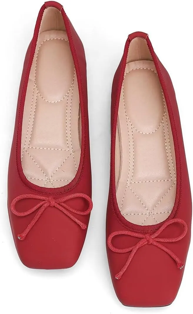 ChaiRong Zhou Women Square Toe Pu Leather Ballet Flats with Cute Bowknot Elegant Slip on Soft Support Daily Dress Office Driving Shoes