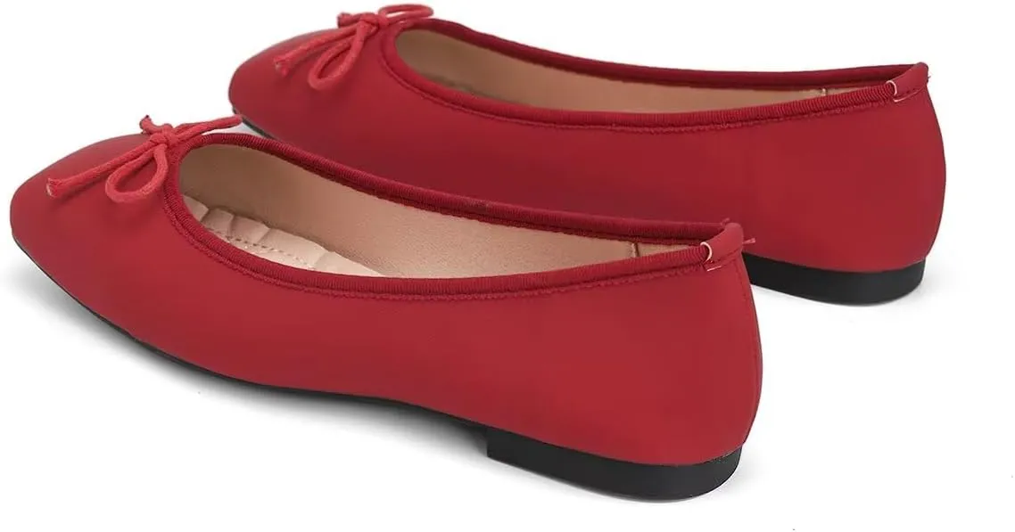 ChaiRong Zhou Women Square Toe Pu Leather Ballet Flats with Cute Bowknot Elegant Slip on Soft Support Daily Dress Office Driving Shoes