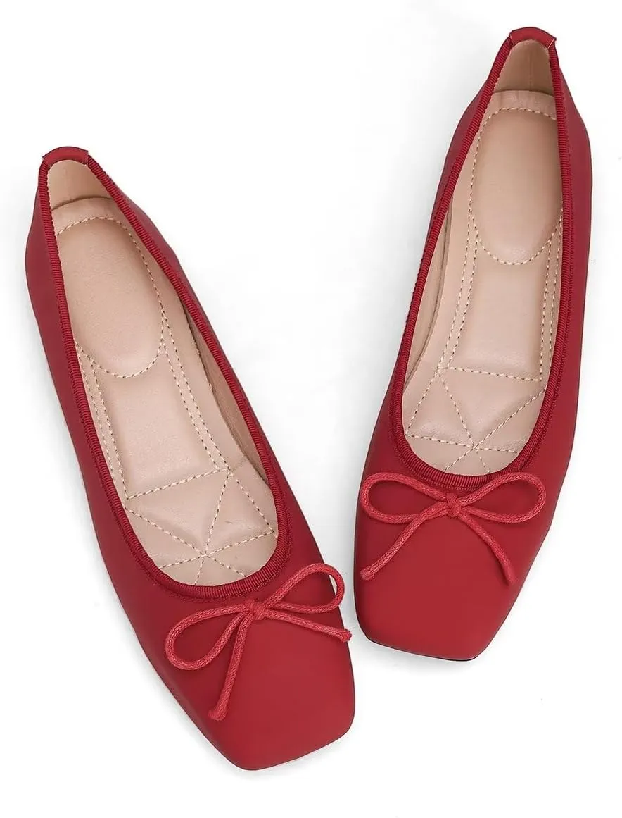 ChaiRong Zhou Women Square Toe Pu Leather Ballet Flats with Cute Bowknot Elegant Slip on Soft Support Daily Dress Office Driving Shoes