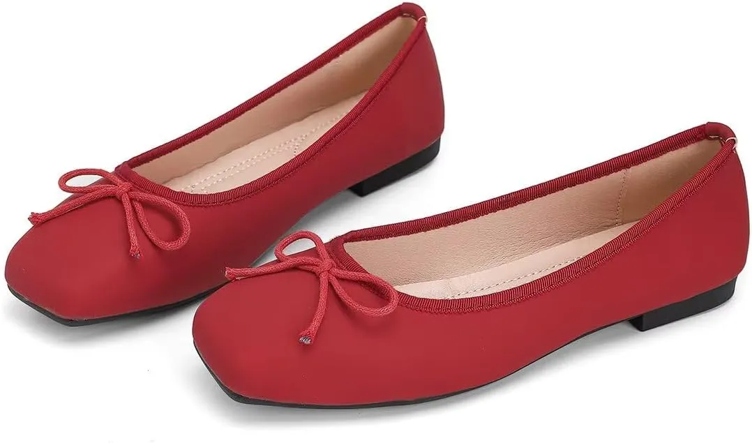 ChaiRong Zhou Women Square Toe Pu Leather Ballet Flats with Cute Bowknot Elegant Slip on Soft Support Daily Dress Office Driving Shoes