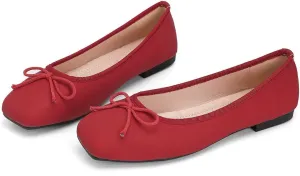 ChaiRong Zhou Women Square Toe Pu Leather Ballet Flats with Cute Bowknot Elegant Slip on Soft Support Daily Dress Office Driving Shoes