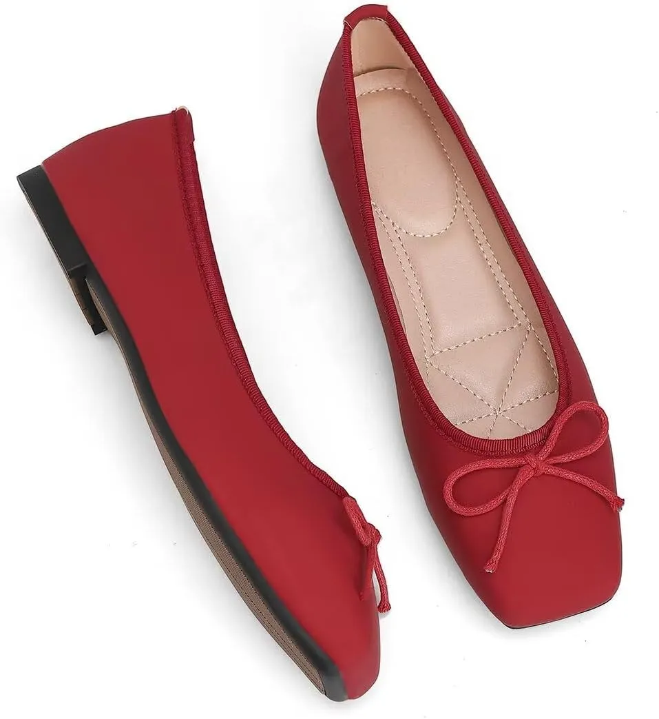 ChaiRong Zhou Women Square Toe Pu Leather Ballet Flats with Cute Bowknot Elegant Slip on Soft Support Daily Dress Office Driving Shoes