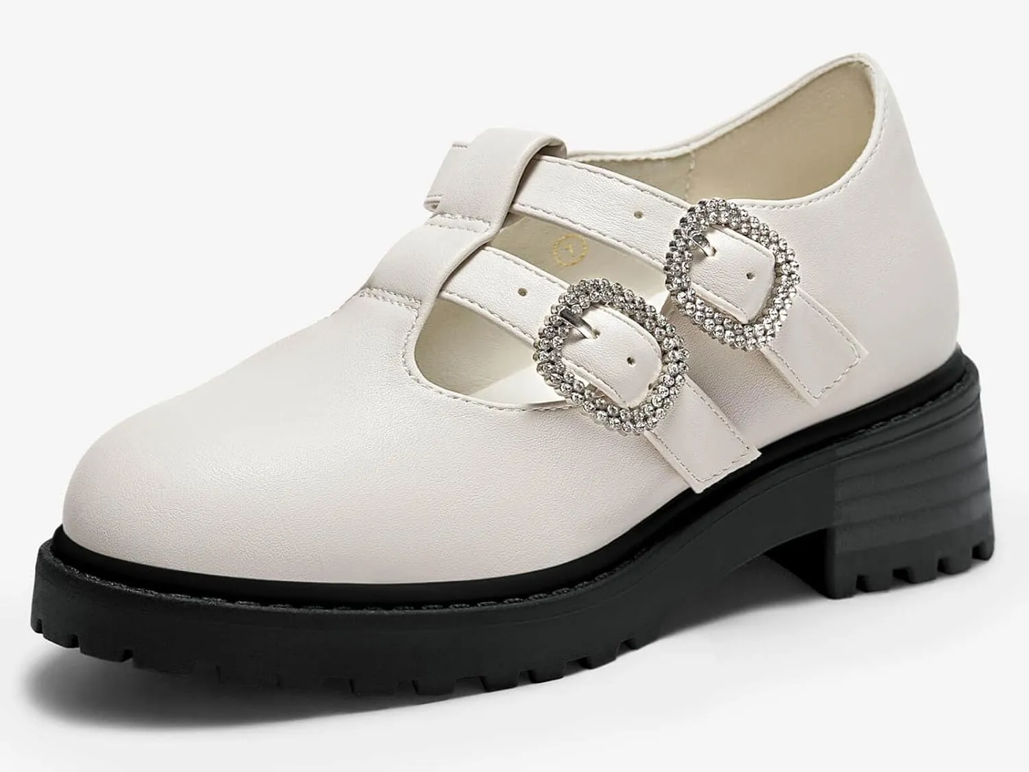Coutgo Girls Mary Jane Shoes Platform Rhinestone T-Strap Chunky Block Heel Leather School Uniform Shoes