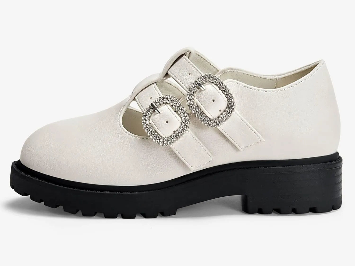 Coutgo Girls Mary Jane Shoes Platform Rhinestone T-Strap Chunky Block Heel Leather School Uniform Shoes