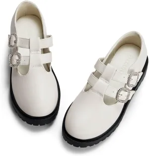 Coutgo Girls Mary Jane Shoes Platform Rhinestone T-Strap Chunky Block Heel Leather School Uniform Shoes