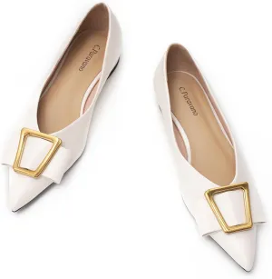 C.Paravano Womens Pointed Toe Ballet Flats with Metal Buckle | Slip-On Dressy Flats for Women | Comfortable Work Flats | Office, Party, Wedding, Casual Wear Lightweight Womens Flat Shoes