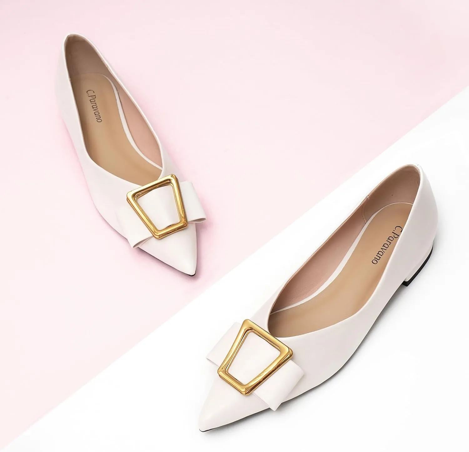 C.Paravano Womens Pointed Toe Ballet Flats with Metal Buckle | Slip-On Dressy Flats for Women | Comfortable Work Flats | Office, Party, Wedding, Casual Wear Lightweight Womens Flat Shoes