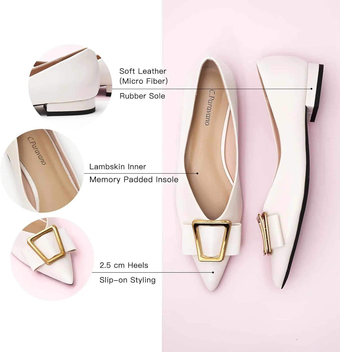 C.Paravano Womens Pointed Toe Ballet Flats with Metal Buckle | Slip-On Dressy Flats for Women | Comfortable Work Flats | Office, Party, Wedding, Casual Wear Lightweight Womens Flat Shoes