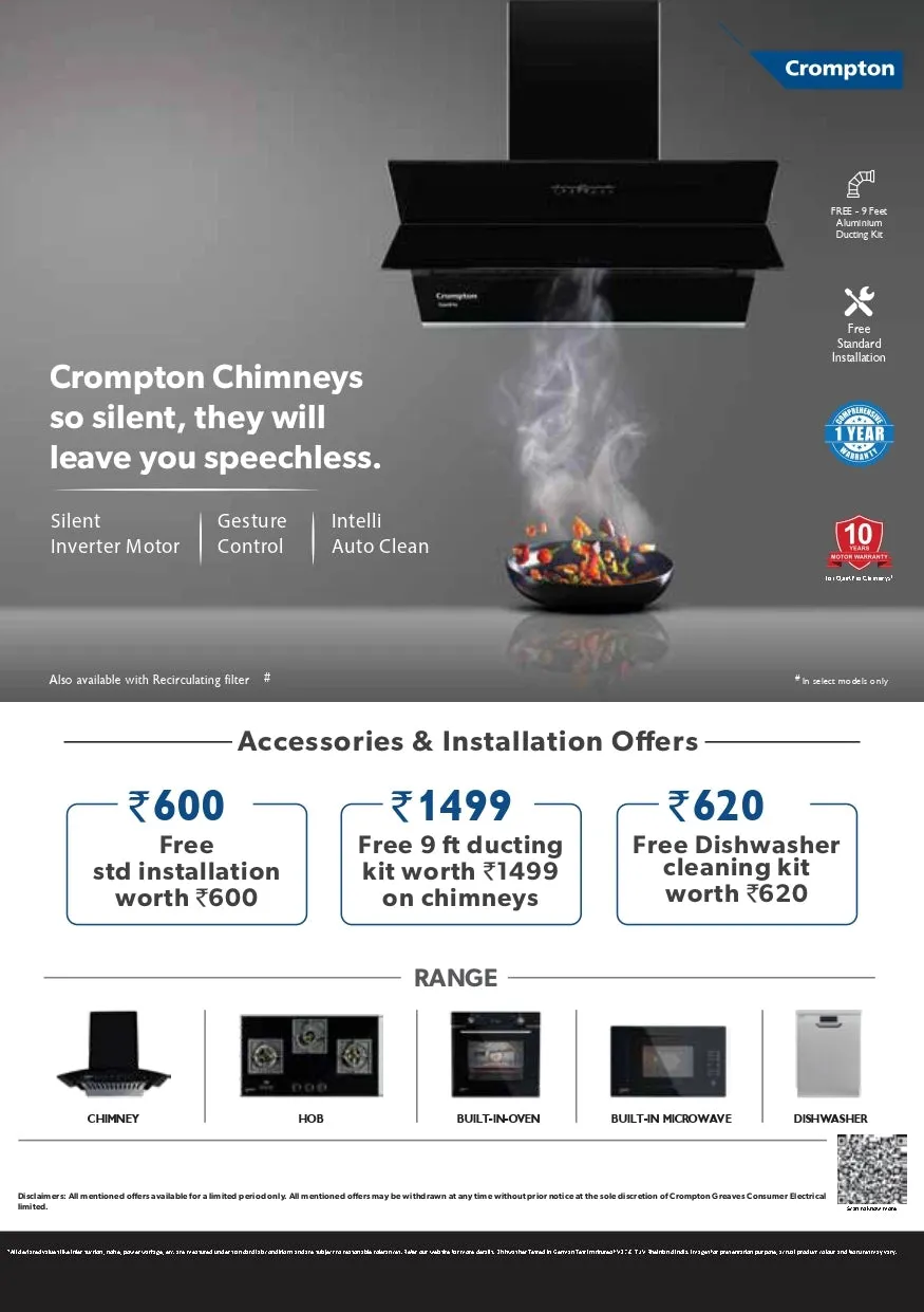 Crompton CHD-SSC60BFX-MBL Senso Smart Curved 60Cm 1416 M3/hr Wall Mounted Chimney