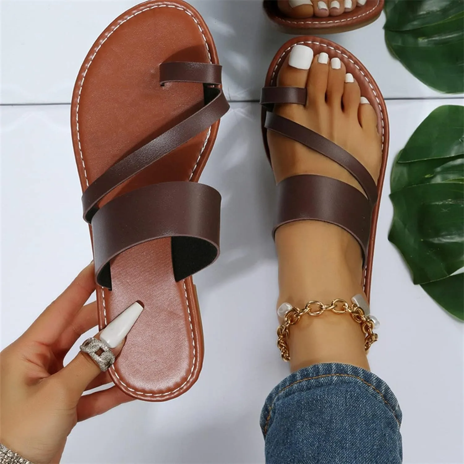 Cubicbee Women'S Retro Wide Band Toe Ring Flat Thong Sandals,Fashion Comfortable Slip On Bohemian Beach Travel Flip-Flops Non-Slip Slipper