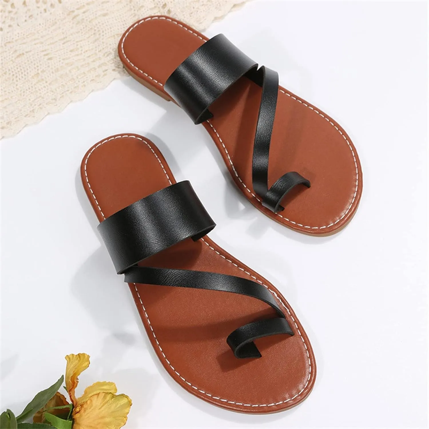Cubicbee Women'S Retro Wide Band Toe Ring Flat Thong Sandals,Fashion Comfortable Slip On Bohemian Beach Travel Flip-Flops Non-Slip Slipper