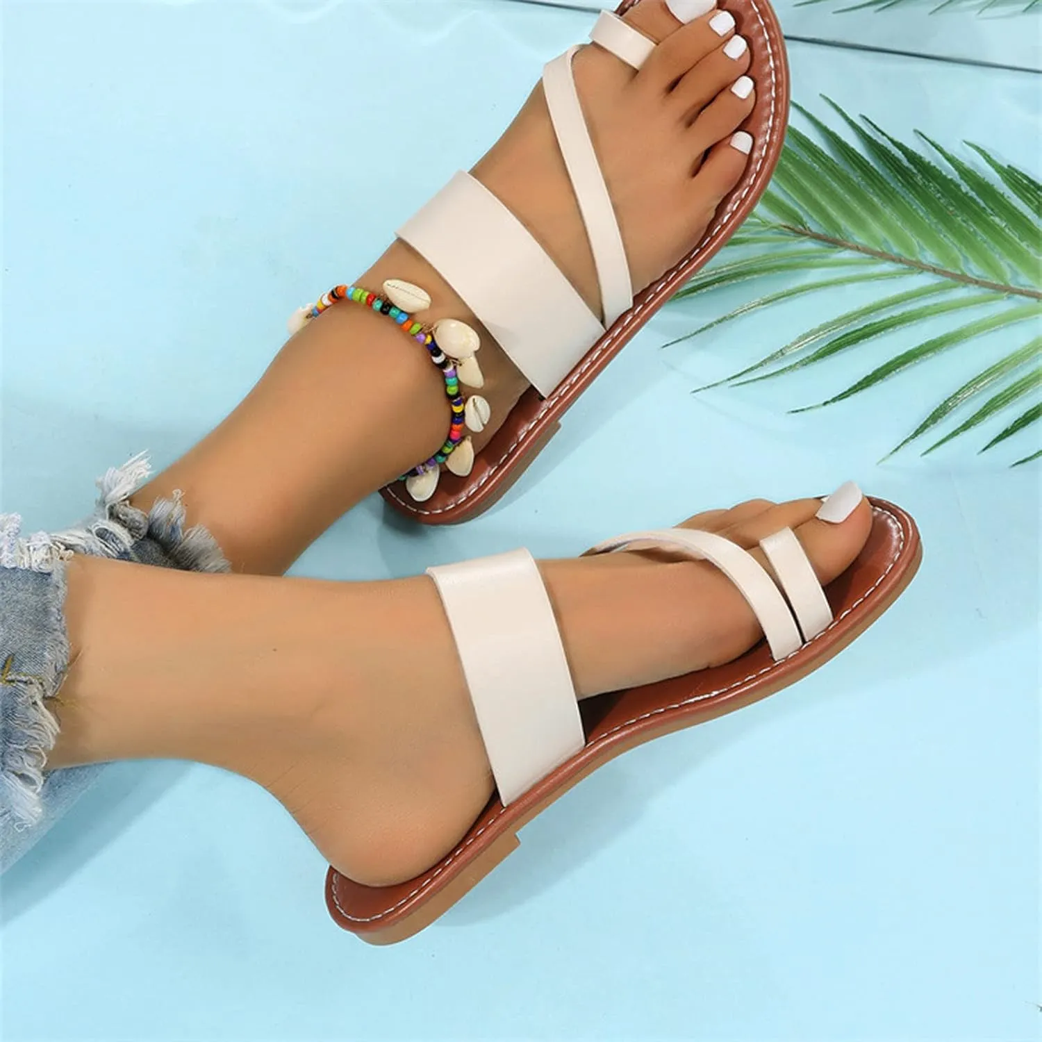 Cubicbee Women'S Retro Wide Band Toe Ring Flat Thong Sandals,Fashion Comfortable Slip On Bohemian Beach Travel Flip-Flops Non-Slip Slipper