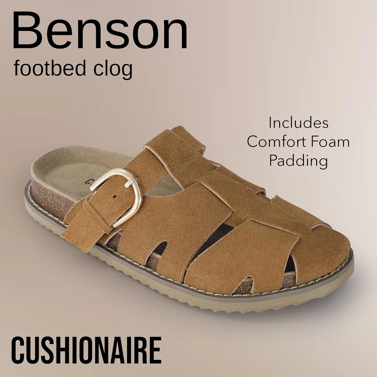 CUSHIONAIRE Benson Womens Fisherman Clog  Suede Slip-On Sandal with Adjustable Buckle & Contoured Cork Footbed