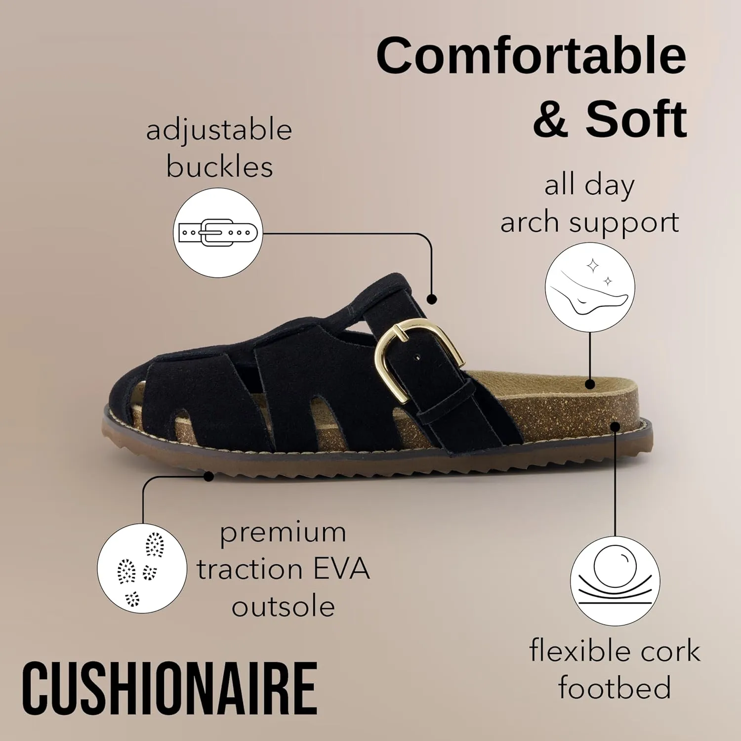 CUSHIONAIRE Benson Womens Fisherman Clog  Suede Slip-On Sandal with Adjustable Buckle & Contoured Cork Footbed