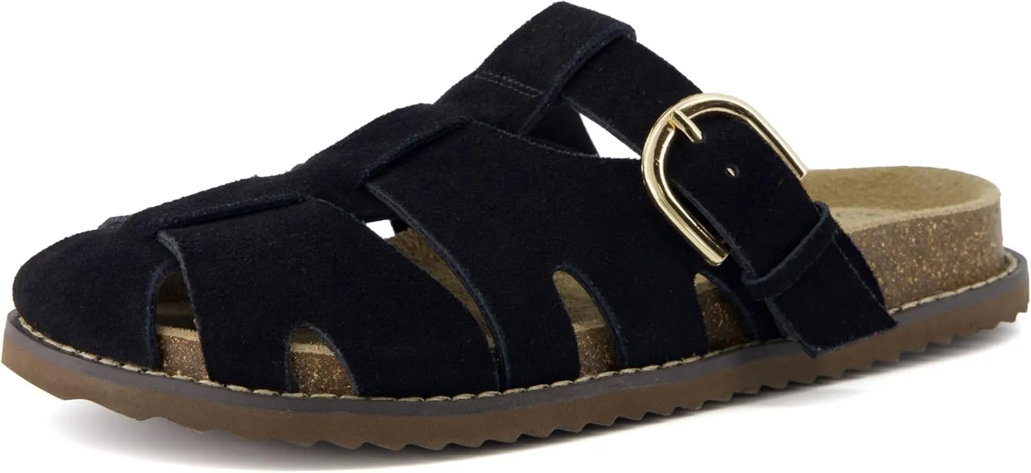CUSHIONAIRE Benson Womens Fisherman Clog  Suede Slip-On Sandal with Adjustable Buckle & Contoured Cork Footbed