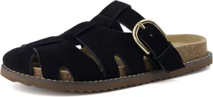 CUSHIONAIRE Benson Womens Fisherman Clog  Suede Slip-On Sandal with Adjustable Buckle & Contoured Cork Footbed
