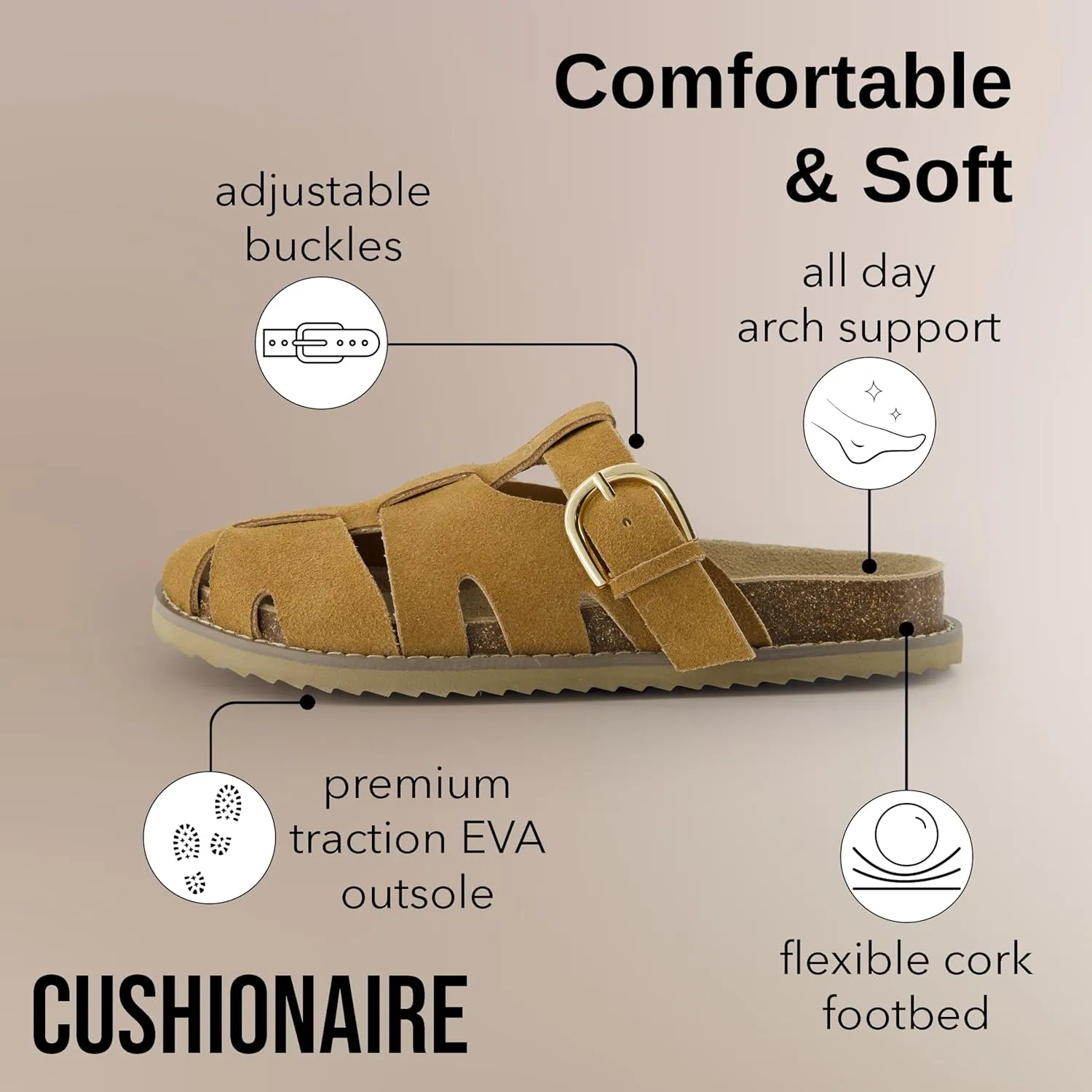 CUSHIONAIRE Benson Womens Fisherman Clog  Suede Slip-On Sandal with Adjustable Buckle & Contoured Cork Footbed