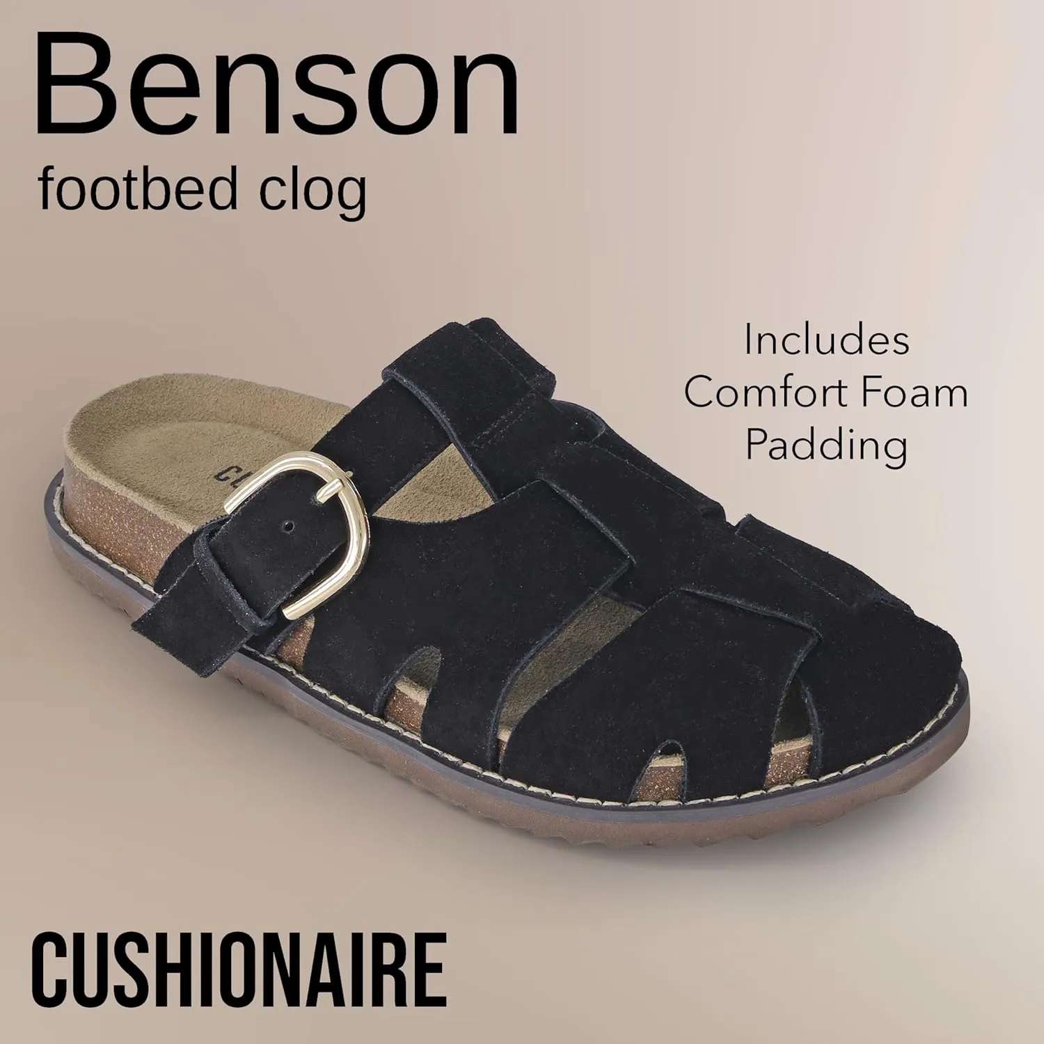 CUSHIONAIRE Benson Womens Fisherman Clog  Suede Slip-On Sandal with Adjustable Buckle & Contoured Cork Footbed