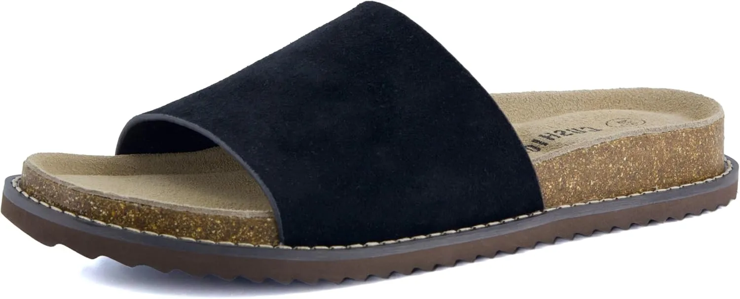 CUSHIONAIRE Ritual Womens Slide Sandal  Suede Slip-On with Cork Footbed, Contoured Insole & Flexible Lightweight Outsole