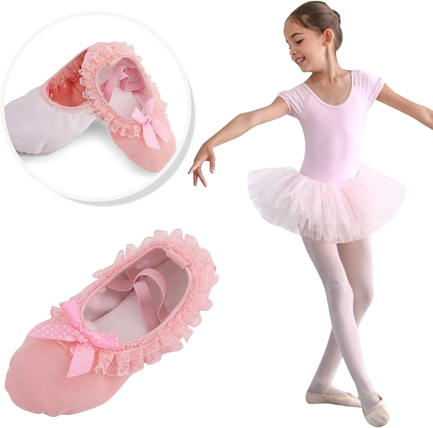 Dance Shoes for Girls Warm Ballet Slippers Cute Lace Bowknot Performance Canvas Yoga Indoor Shoes with Elastic Straps