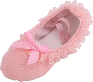 Dance Shoes for Girls Warm Ballet Slippers Cute Lace Bowknot Performance Canvas Yoga Indoor Shoes with Elastic Straps