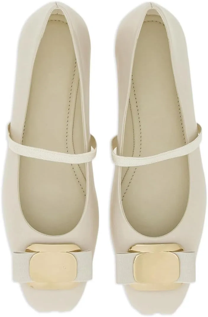 Divanne Ballet Flats for Women, Bowtie Mary Jane Flats Square Toe Ballerina Shoes with Strap
