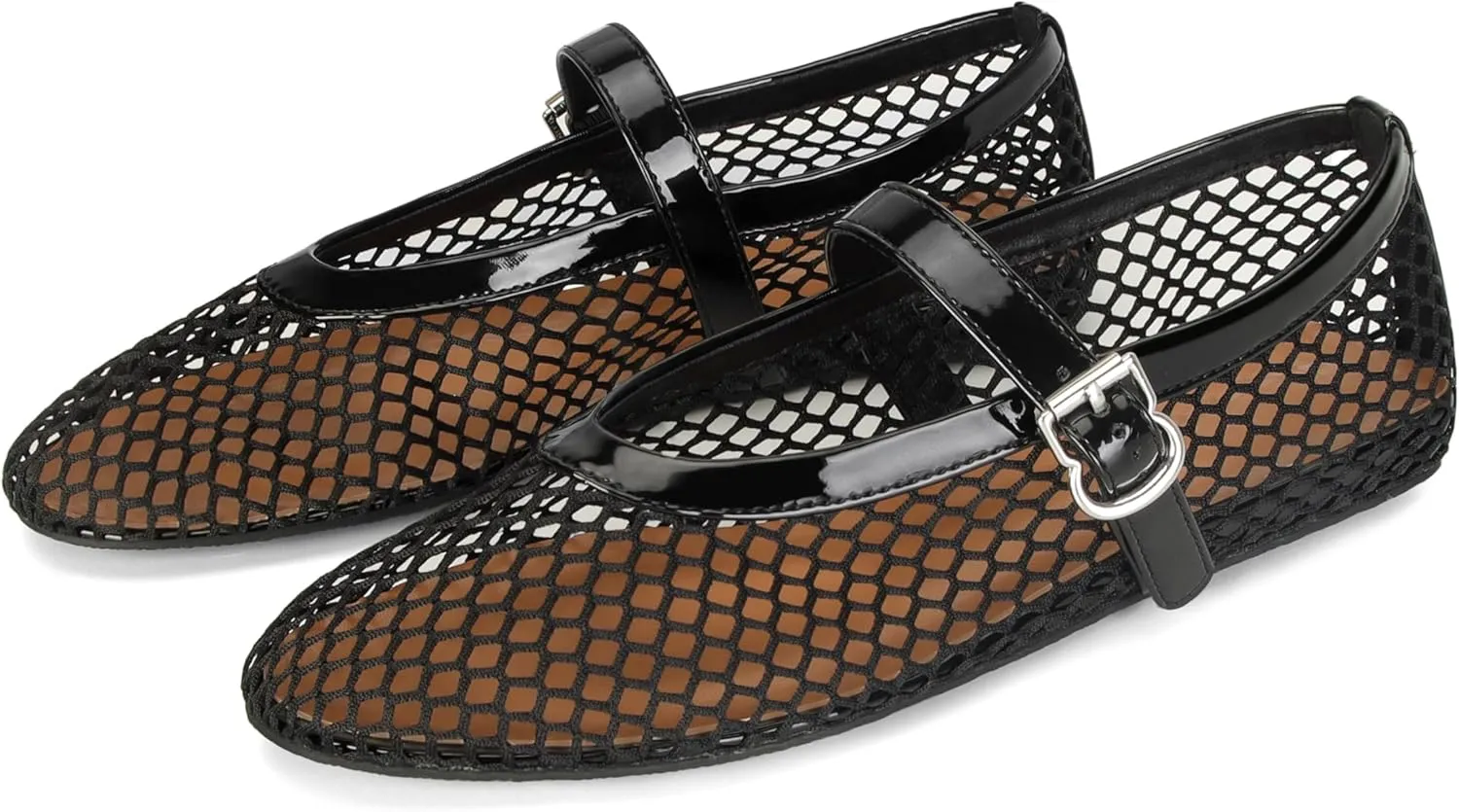 DOEYG Black Mesh Ballet Flats for Women Round Toe Mesh Shoes Buckle Strap Mesh Mary Jane Flats Comfy Casual Office Summer Fishnet Ballerina Shoes US Size 8.5