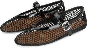 DOEYG Black Mesh Ballet Flats for Women Round Toe Mesh Shoes Buckle Strap Mesh Mary Jane Flats Comfy Casual Office Summer Fishnet Ballerina Shoes US Size 8.5