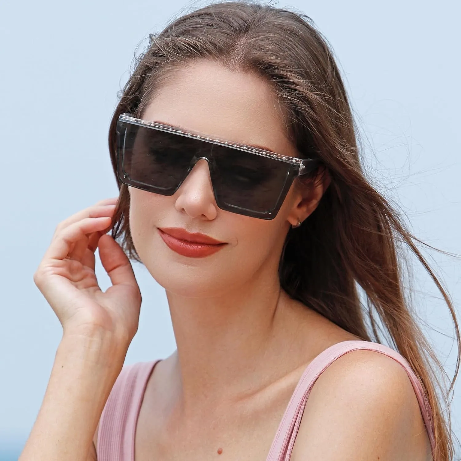 Dollger Square Oversized Rhinestone Sunglasses for Women Big Flat Top Rivet Fashion Large UV Protection Rimless Shades
