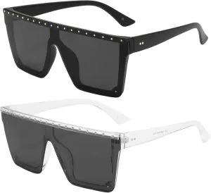 Dollger Square Oversized Rhinestone Sunglasses for Women Big Flat Top Rivet Fashion Large UV Protection Rimless Shades