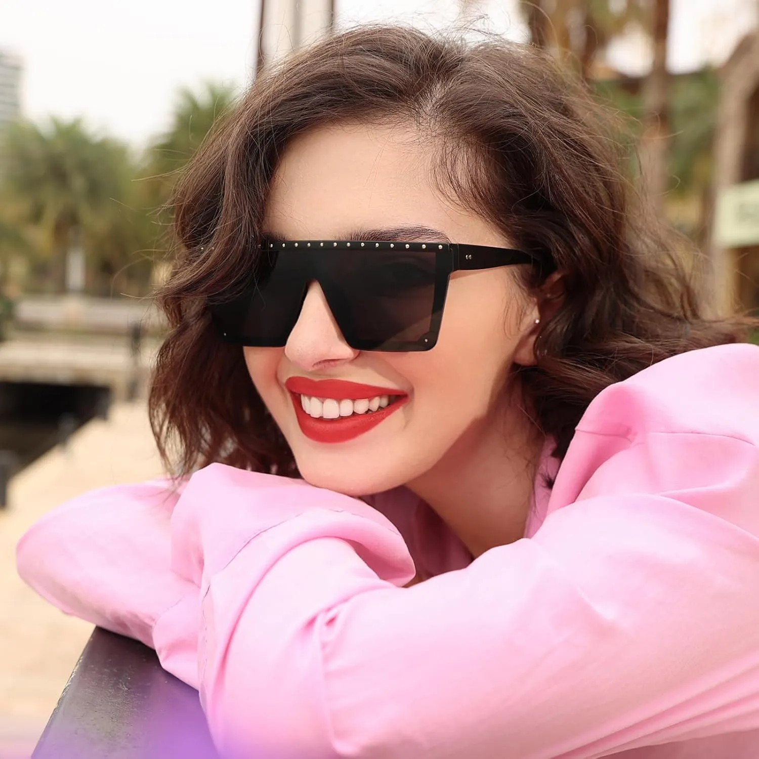 Dollger Square Oversized Rhinestone Sunglasses for Women Big Flat Top Rivet Fashion Large UV Protection Rimless Shades