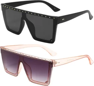 Dollger Square Oversized Rhinestone Sunglasses for Women Big Flat Top Rivet Fashion Large UV Protection Rimless Shades