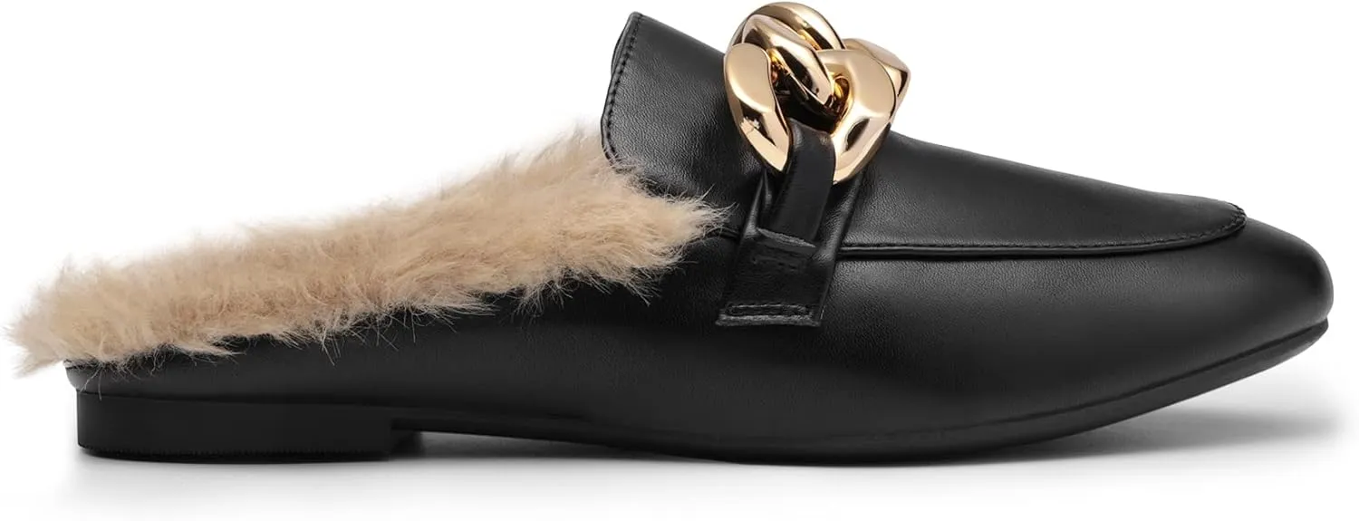 DREAM PAIRS Mules for Women Flats Shoes Comfortable Slip on Closed Toe Slides Loafers with Chain Backless Womens Mules