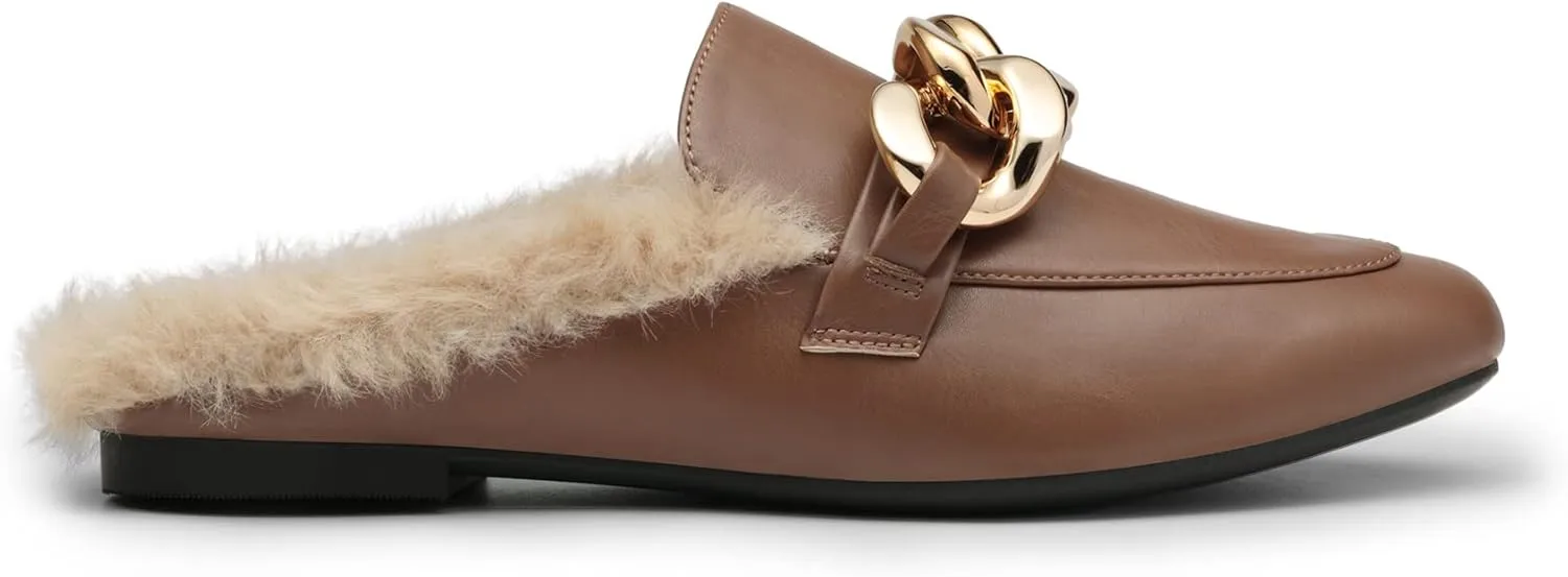 DREAM PAIRS Mules for Women Flats Shoes Comfortable Slip on Closed Toe Slides Loafers with Chain Backless Womens Mules